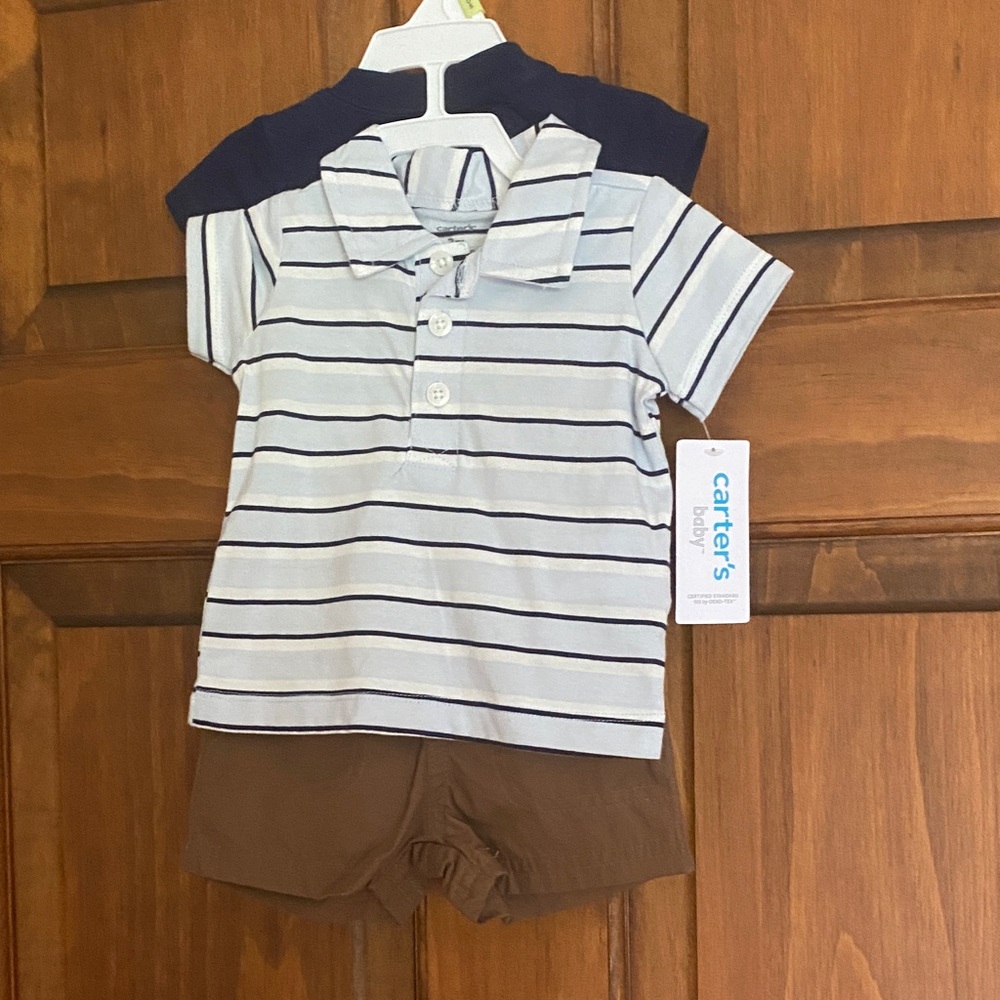 2 outfits Carter's Navy and White Striped Polo with Brown Shorts